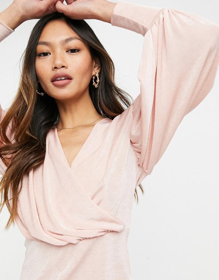 Closet London Wrap Blouse Top With Volume Sleeves In Blush Pink