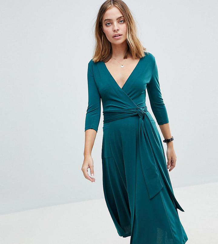 Asos Petite Crepe Wrap Midi Dress - Green