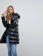 Brave Soul Monroe High Shine Long Padded Coat With Detachable Hood - Black