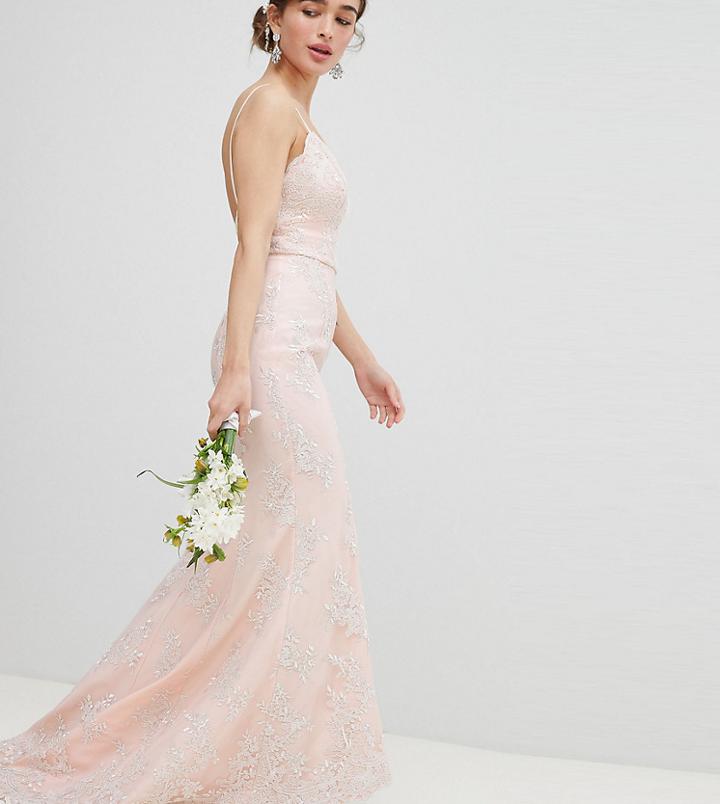 Chi Chi London Petite Bridal Premium Lace Maxi Dress With Fishtail-pink