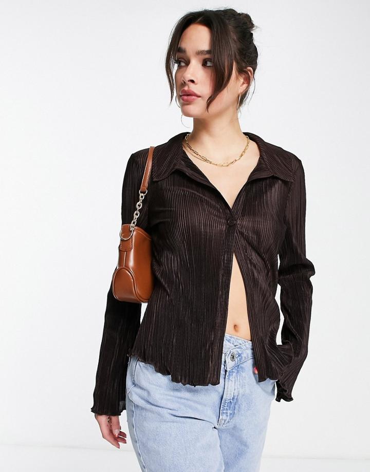 Asos Design Plisse Slim Shirt In Chocolate - Part Of A Set-brown