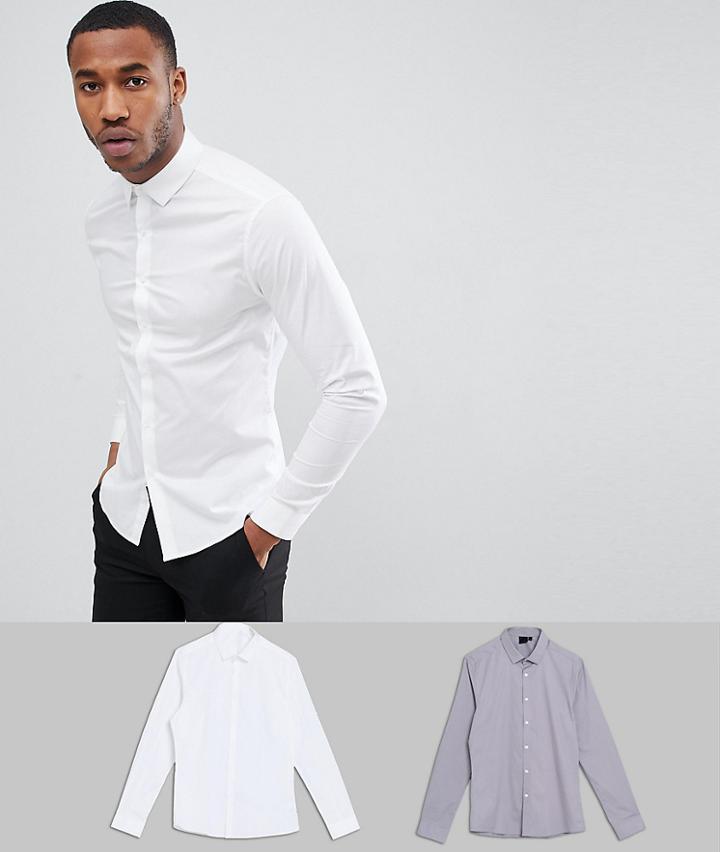 Asos Design Skinny 2 Pack White And Light Gray Shirt Save - Multi