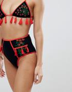 Asos Premium Contrast Tassel Embroidered High Waist Bikini Bottom - Black