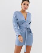 Asos Design Mini Dress With Batwing Sleeve And Wrap Waist In Satin-blue