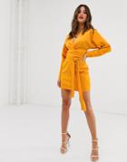 Asos Design Mini Dress With Batwing Sleeve And Wrap Waist In Satin-gold