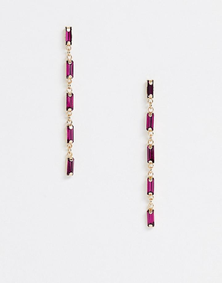 Asos Design Earrings With Pink Baguette Shape Jewels In Gold Tone