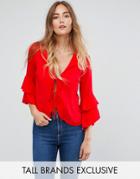 John Zack Tall Tie Front Blouse With Ruffle Sleeve - Pink