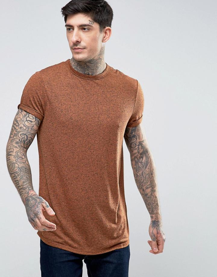 Asos Longline T-shirt With Roll Sleeve In Textured Linen Fabric - Tan