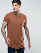Asos Longline T-shirt With Roll Sleeve In Textured Linen Fabric - Tan