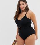 New Look Curve Belted Swimsuit In Black - Black