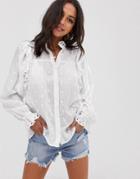 Asos Design Ruffle Long Sleeve Blouse In Broderie - White