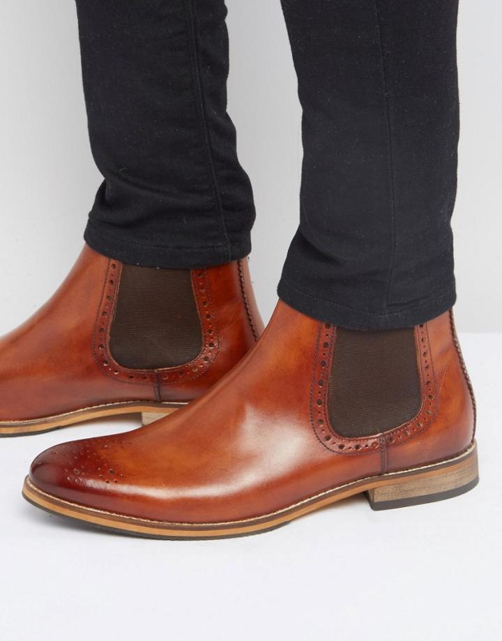 Asos Chelsea Boots In Tan Leather With Brogue Detail - Tan