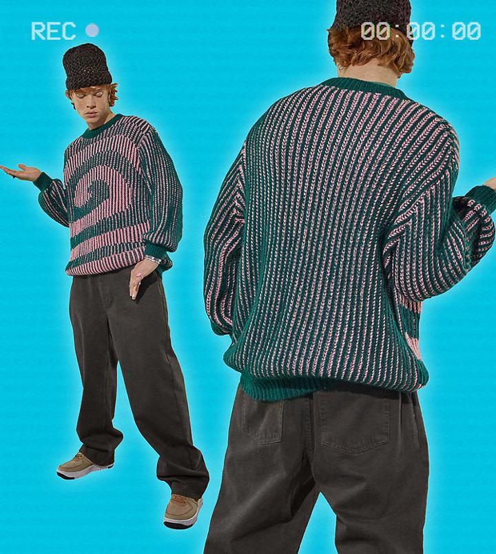 Collusion Unisex Chunky Open Knit Sweater With Swirl Jacquard In Green And Pink-multi
