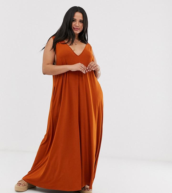 Asos Design Curve Plunge Trapeze Maxi Dress - Brown