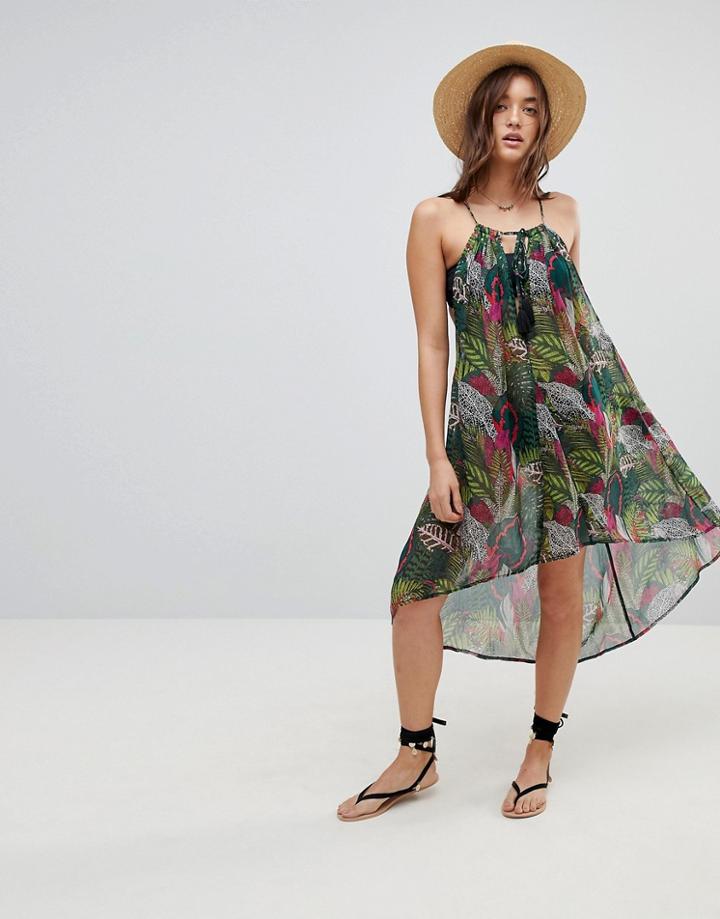 Asos Tropical Print Minimal Chiffon Drop Side Beach Caftan - Multi