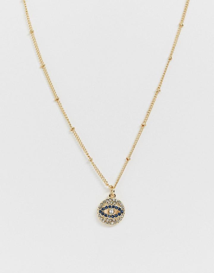 Asos Design Short Pendant Necklace With Rhinestone Eye Detail In Gold Tone - Gold