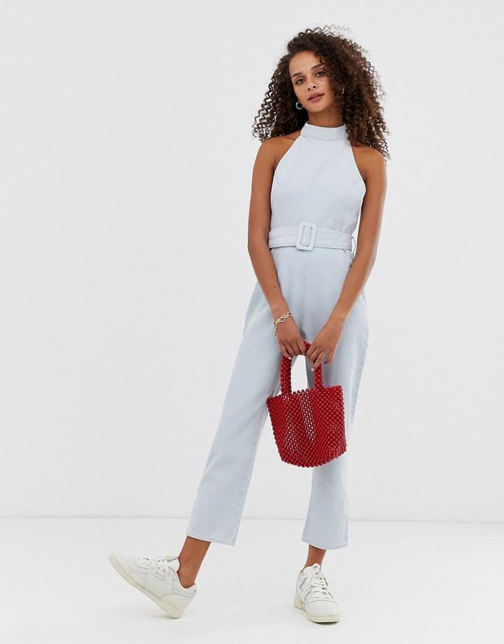 Asos Design Denim Halter Neck Belted Jumpsuit In Blue - Blue