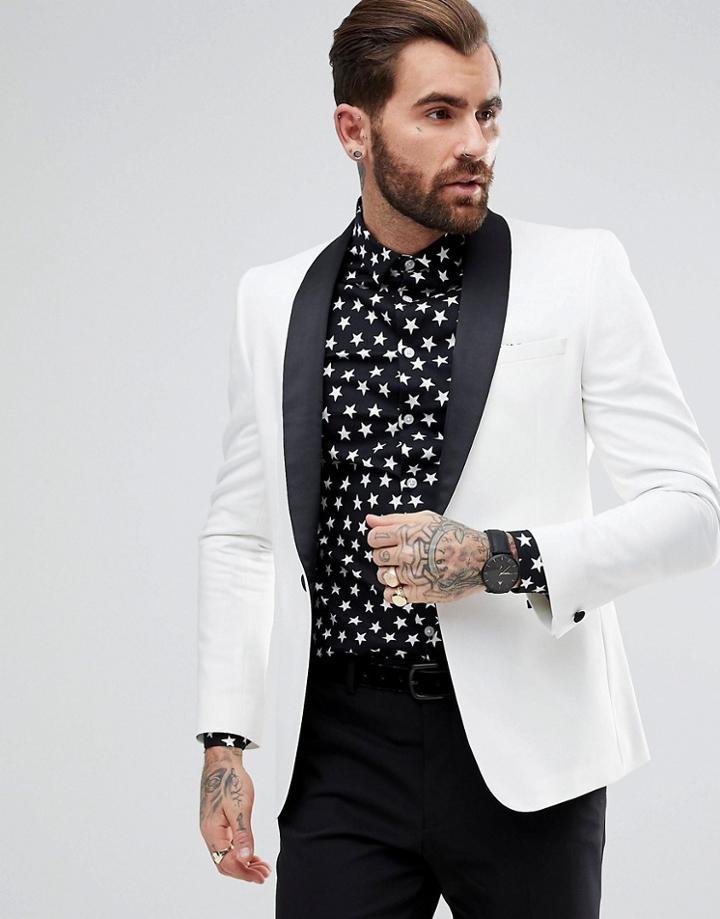 Asos Slim Tuxedo Suit Jacket In White With Black Contrast Lapel - White