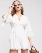 Asos Design Swing Romper With Frill Sleeve In Broderie In White