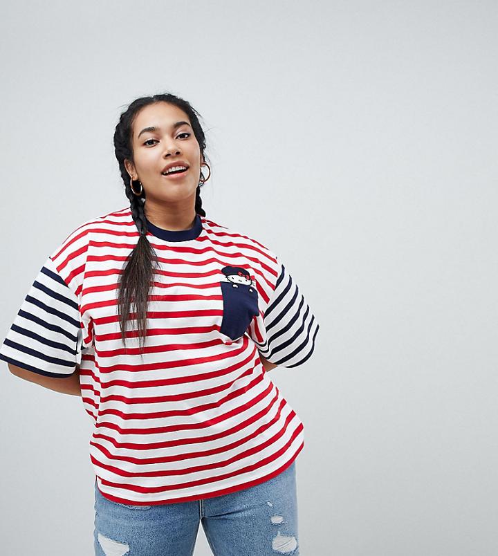 Hello Kitty X Asos Curve Oversized T-shirt With Peeping Embroidered Motif - Multi