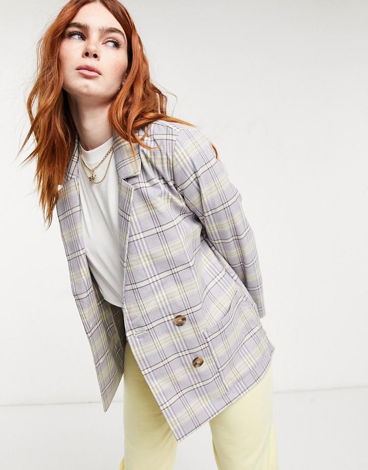 Monki Twiggy Set Check Double Breasted Blazer In Lilac-purple