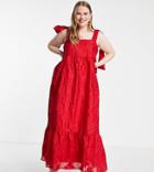 Sister Jane Plus Tiered Maxi Dress In Red Jacquard With Bow Straps