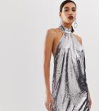 Asos Design Halter Neck Mini Dress In Sheet Sequin - Silver