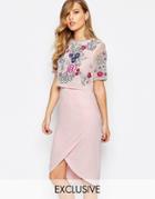 Frock And Frill Embroidered Embellished Overlay Pencil Dress With Open Back And Split - Ice Pink
