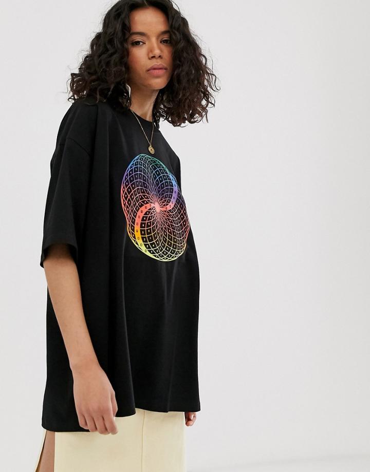 Weekday Oversized T-shirt With Rainbow Print In Black - Black