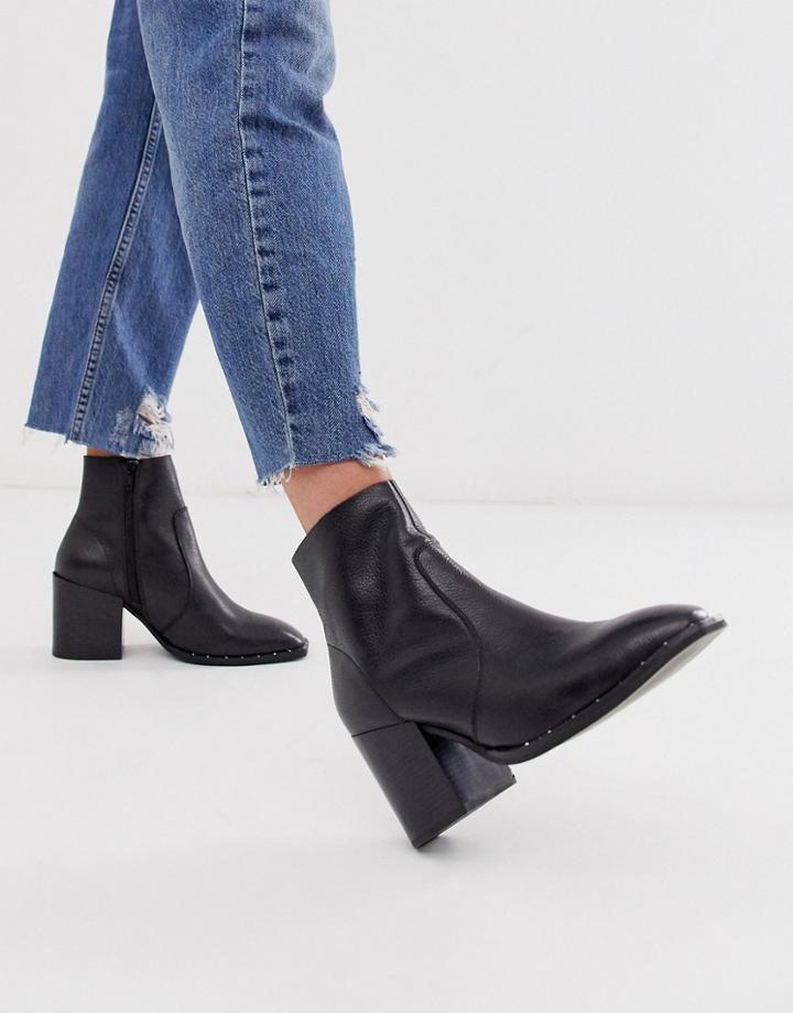 Asos Design Restore Leather Studded Block Heel Boots In Black
