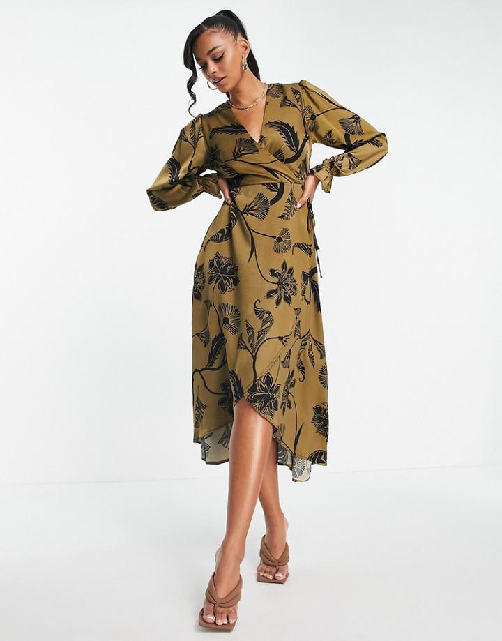 Ax Paris Wrap Midi Dress In Gold And Black Floral-multi