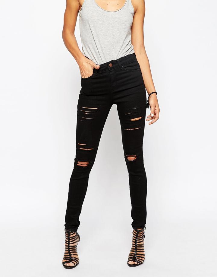 Asos Ridley High Waist Skinny Jeans In Black With Shredded Rips - Black
