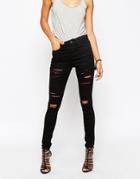 Asos Ridley High Waist Skinny Jeans In Black With Shredded Rips - Black