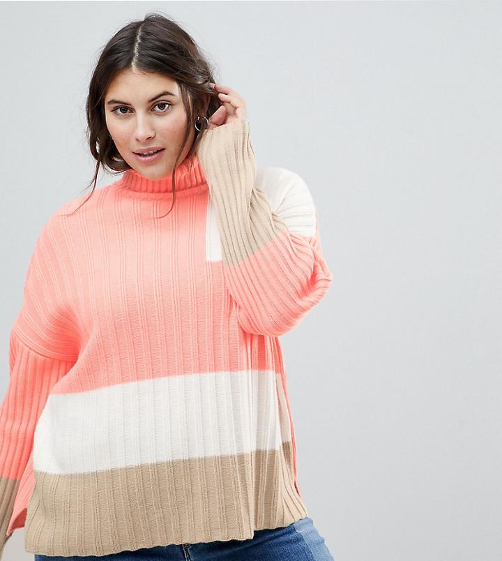 Asos Curve Sweater In Rib And Blocked Pattern - Yellow