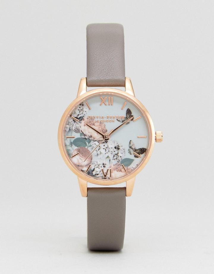 Olivia Burton Ob16eg67 Floral Leather Watch In Gray - Gray
