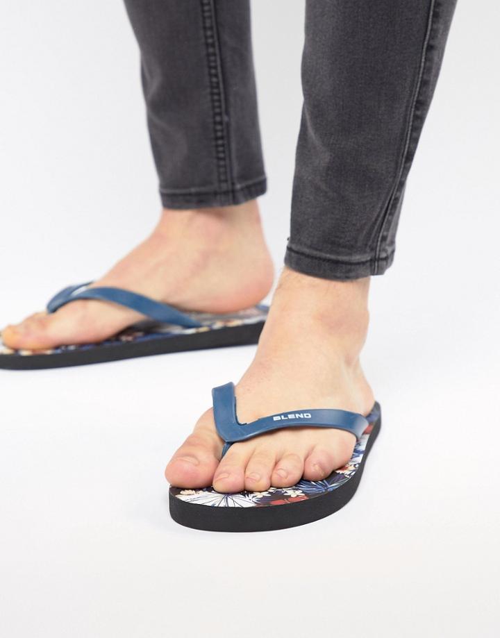 Blend Floral Logo Flip Flops - Navy