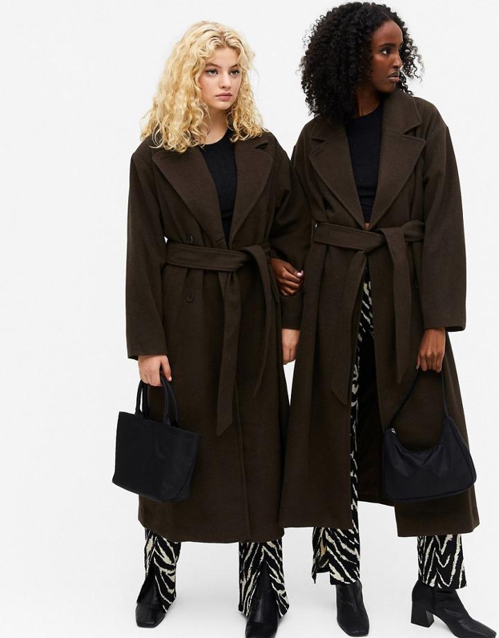 Monki Brix Oversized Coat With Belt In Brown