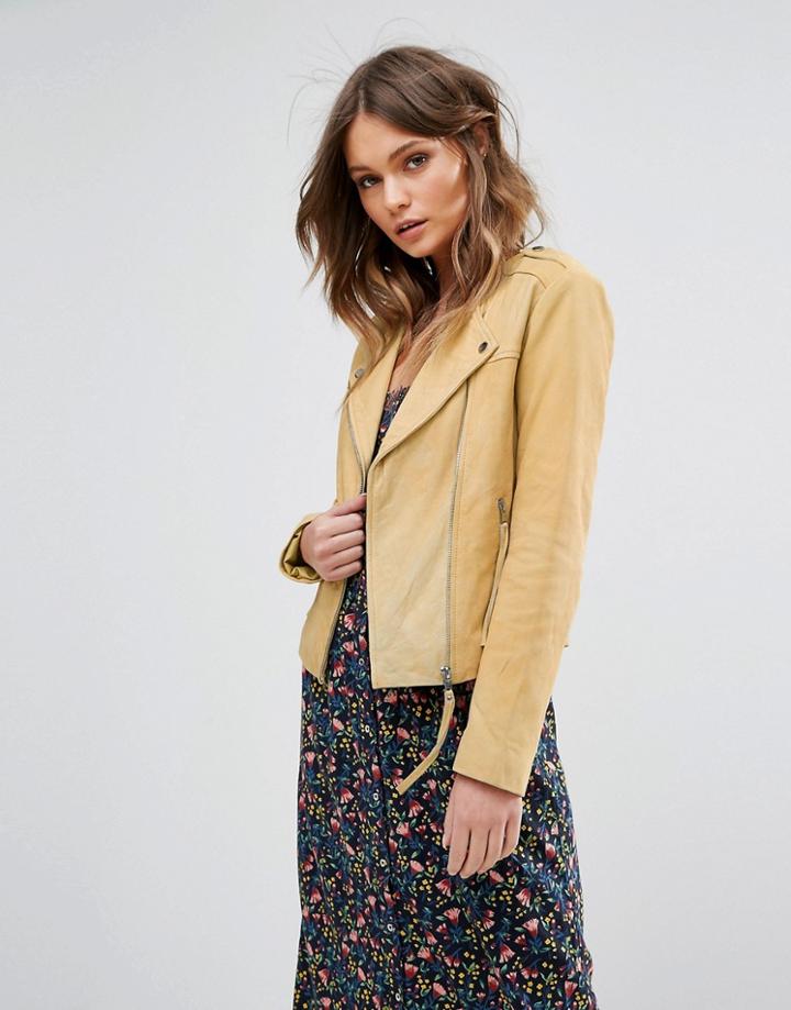 Mango Real Leather Biker Jacket - Beige