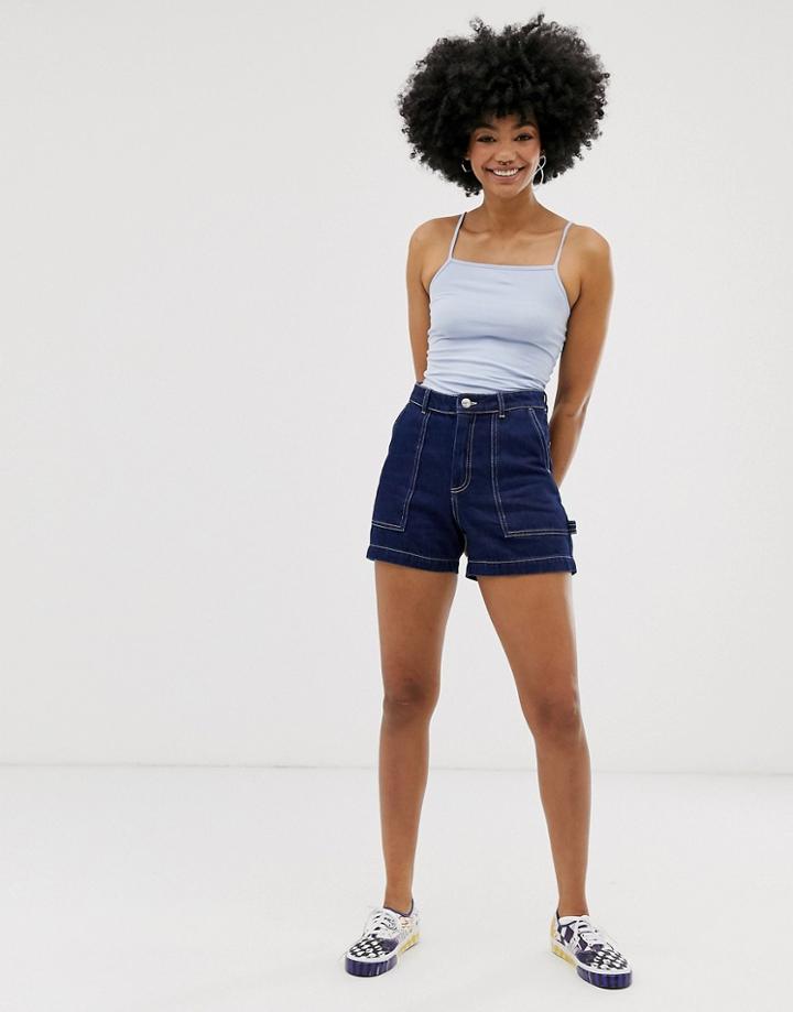 Monki Contrast Stitch Denim Shorts In Blue - Blue