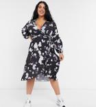 Yours Wrap Midi Dress With Balloon Sleeves In Black Print