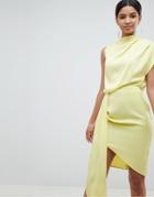 Asos Design Satin Drape Midi Dress With Sash Detail - Yellow