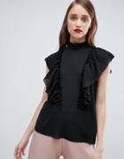 Asos Sleeveless Ruffle Blouse In Sheer Crinkle - Black