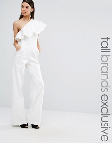 Ttya Black Michelle One Shoulder Oversized Frill Jumpsuit - White