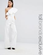 Ttya Black Michelle One Shoulder Oversized Frill Jumpsuit - White