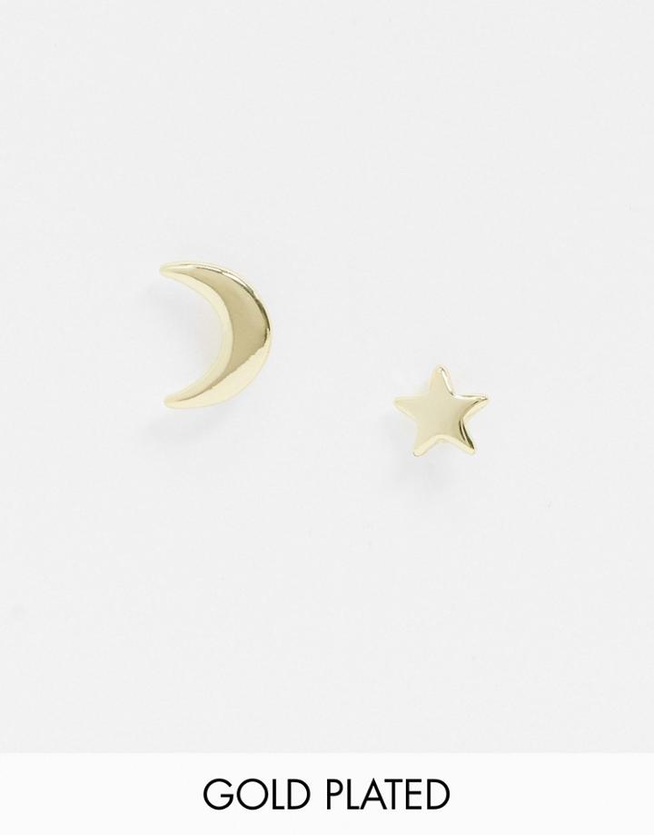 Pieces 18k Gold Plated Moon And Star Stud Earrings In Gold