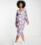 Asos Design Maternity Blouson Sleeve Wrap Midi Dress In Blue And Peach Floral