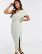 Asos Design One Shoulder Belted Midi Pencil Dress In Sage-green