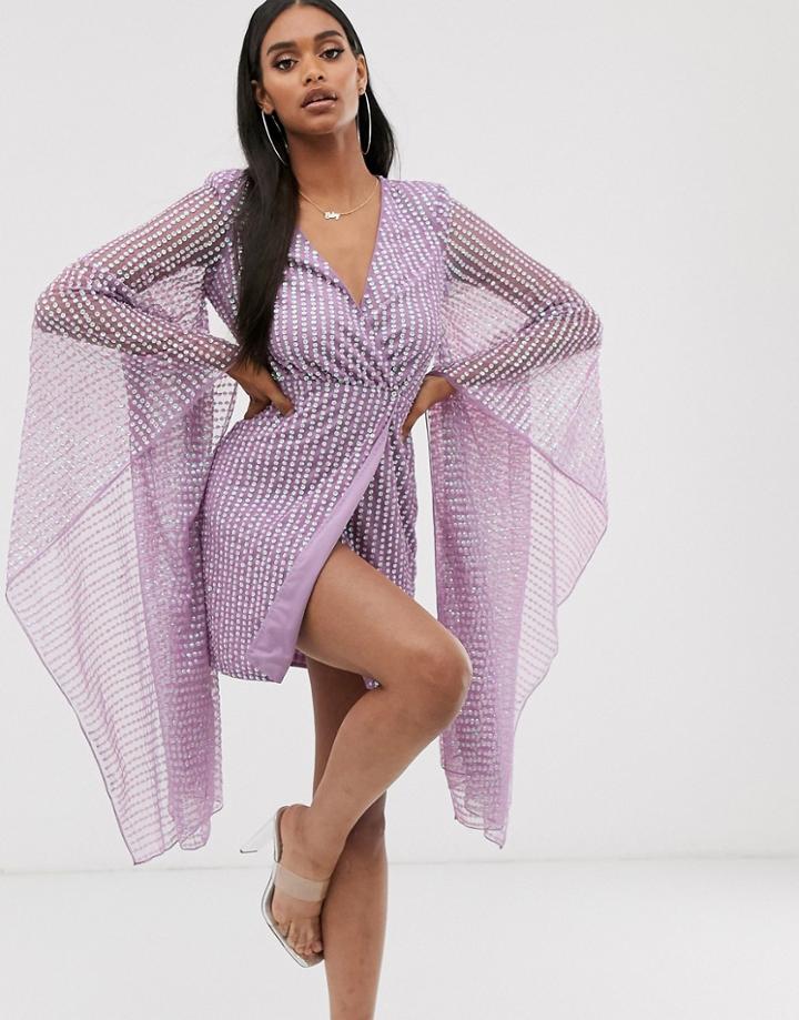 Asos Design Embellished Plunge Drape Kimono Sleeve Mini