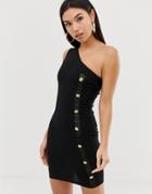Ax Paris Button Detail One Shoulder Bodycon Dress-black