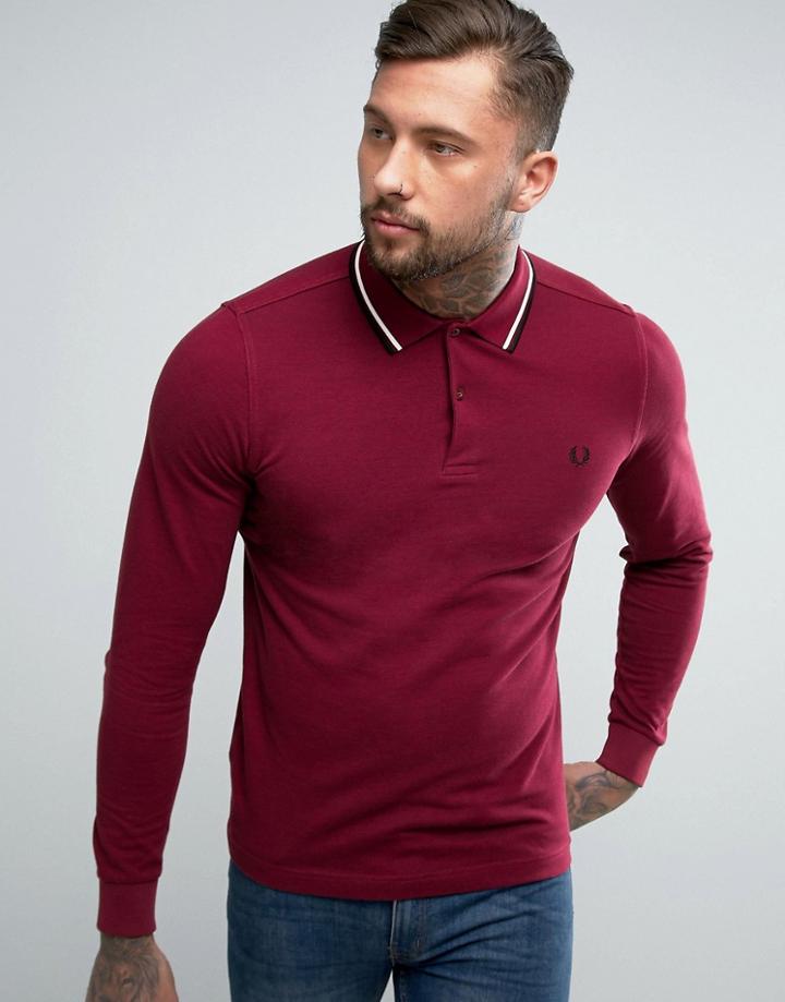 Fred Perry Slim Long Sleeve Polo Shirt Two Tone Tipped Pique In Claret - Red